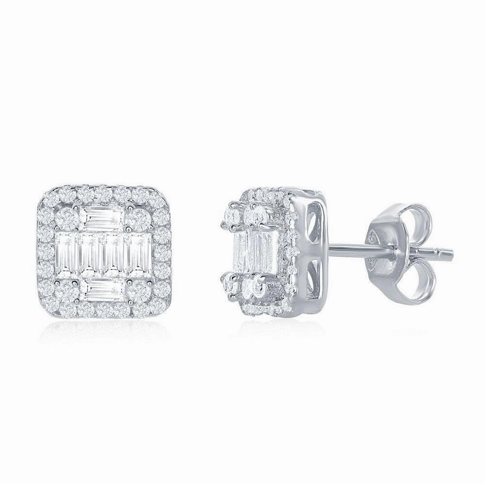 Sterling Silver Square Baguette CZ Stud Earrings
