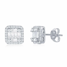 Sterling Silver Square Baguette CZ Stud Earrings