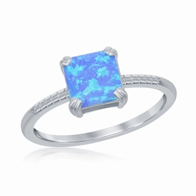 Sterling Silver Square Blue Opal Beaded Band Ring - W-2527