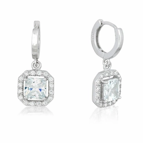 Sterling Silver Square Dangling Clear Pave Earrings