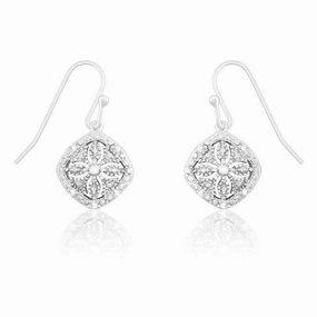 Sterling Silver Square Disc Flower Diamond Earrings