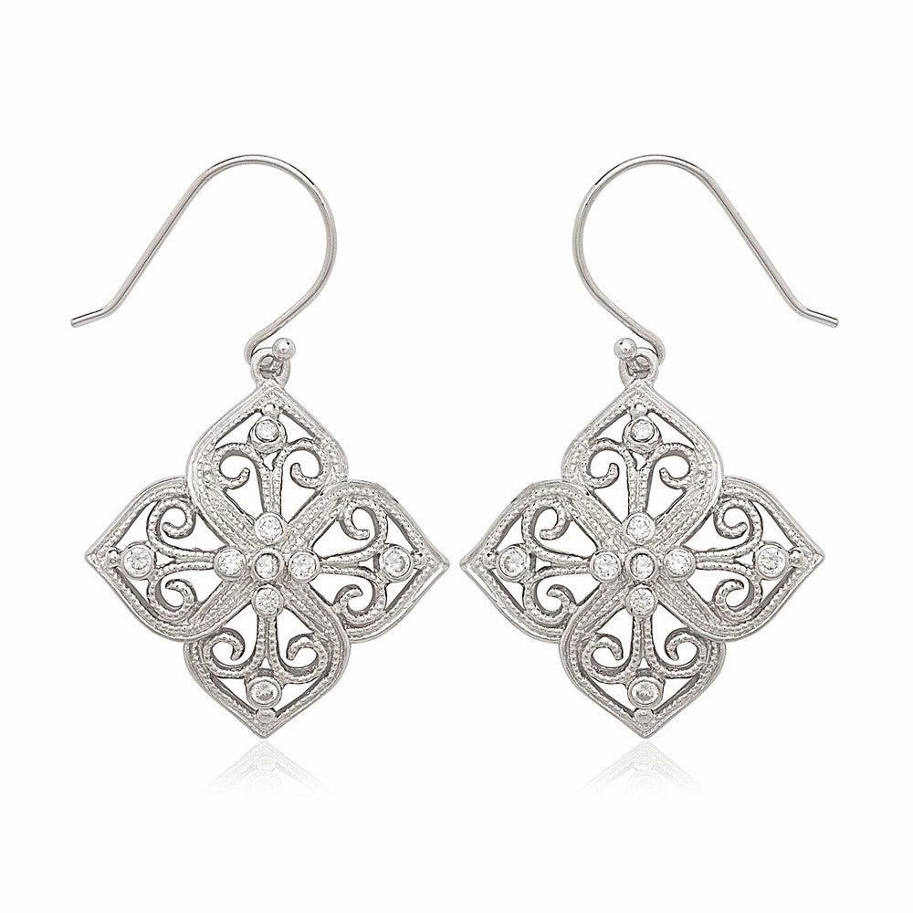 Sterling Silver Square Fancy Design CZ Earrings