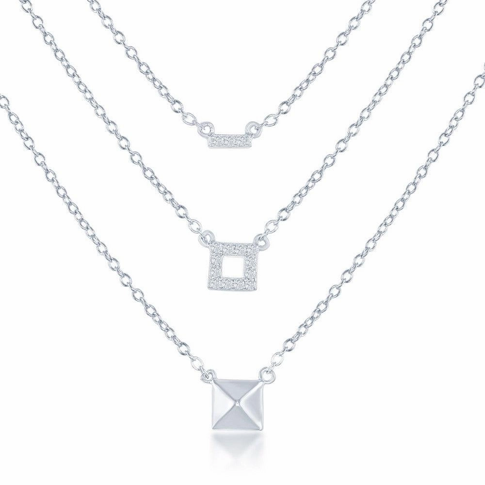 Sterling Silver Square Triple Chain with CZ Necklace