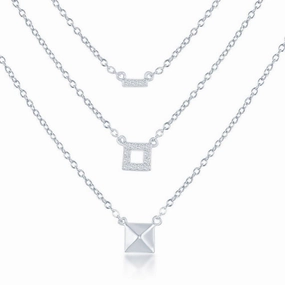 Sterling Silver Square Triple Chain with CZ Necklace