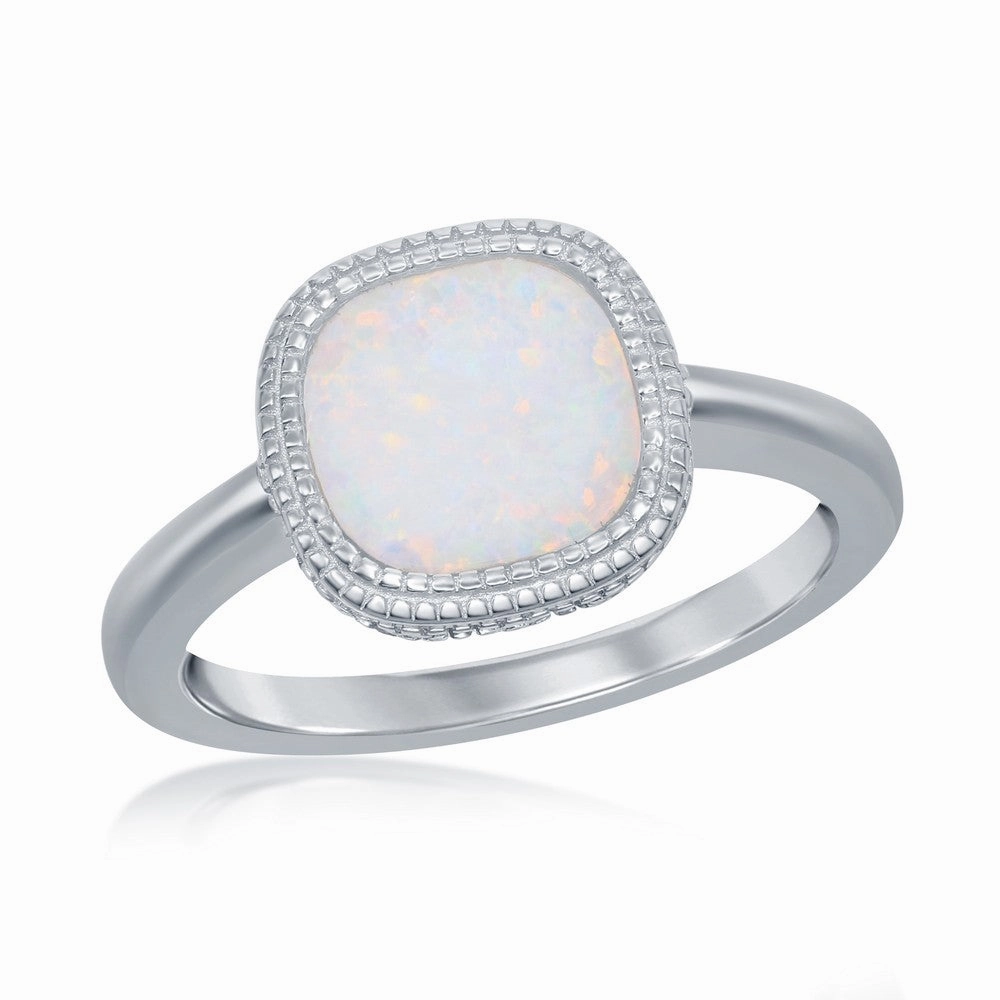 Sterling Silver  Square White Inlay Opal Ring - W-2521