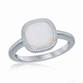 Sterling Silver  Square White Inlay Opal Ring - W-2521