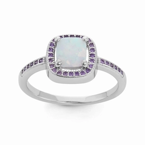 Sterling Silver Square White Opal with Amethyst CZ Ring - W-1506