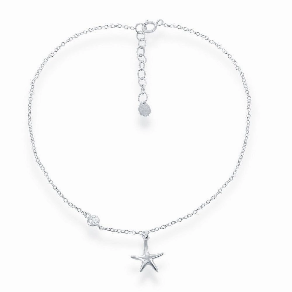 Sterling Silver Starfish with Single Cubic Zirconia Anklet