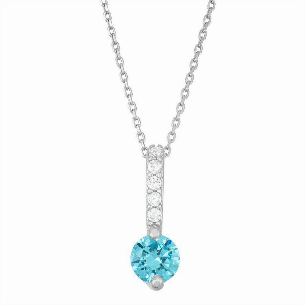 Sterling Silver Thin Light Blue CZ Bar with Round CZ End Pendant