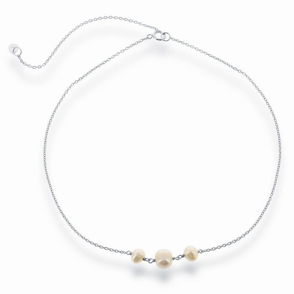 Sterling Silver Three Station Freshwater Pearls Choker Necklace