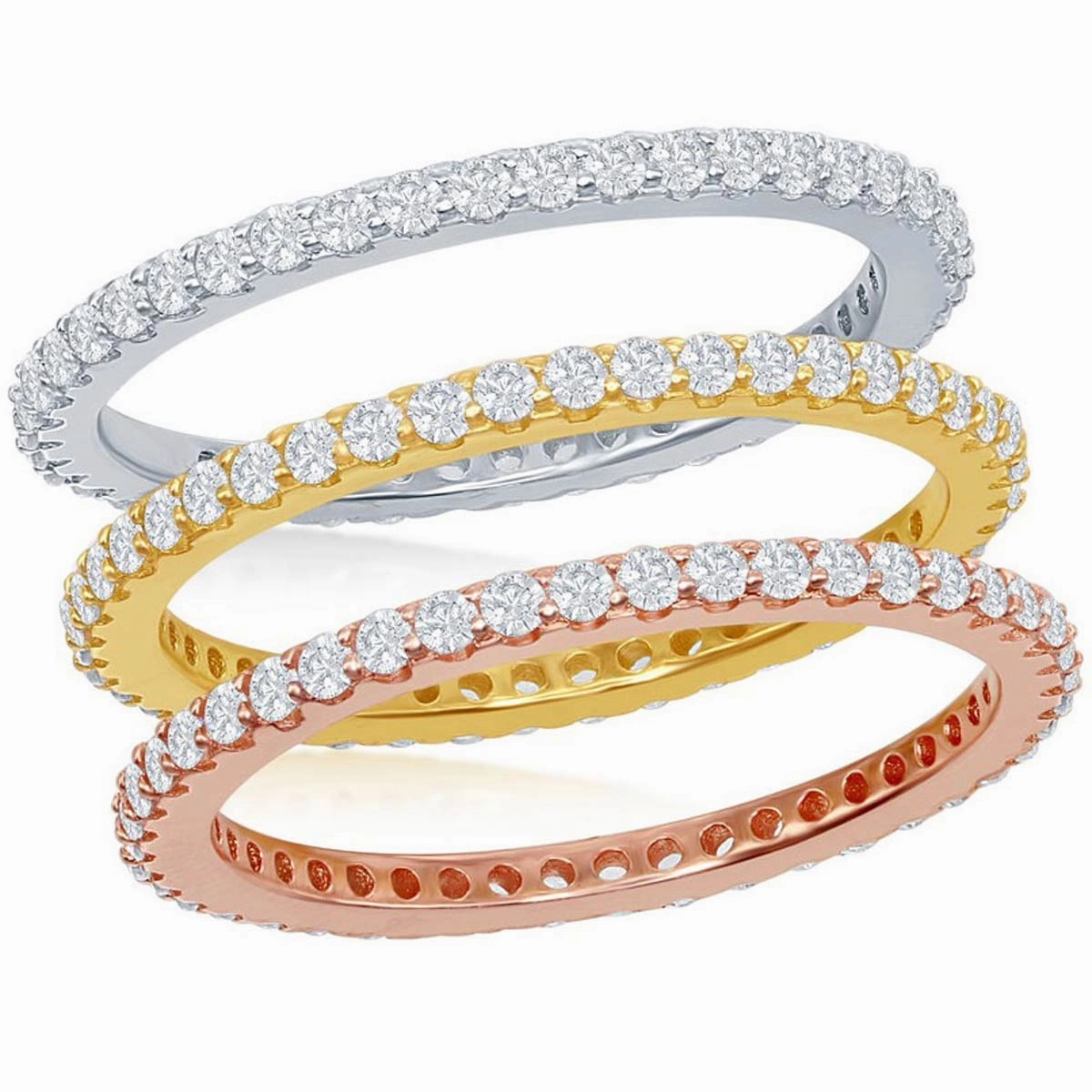 Sterling Silver Tri-Color Prong Clear CZ  Eternity Triple Band Ring - W-2428