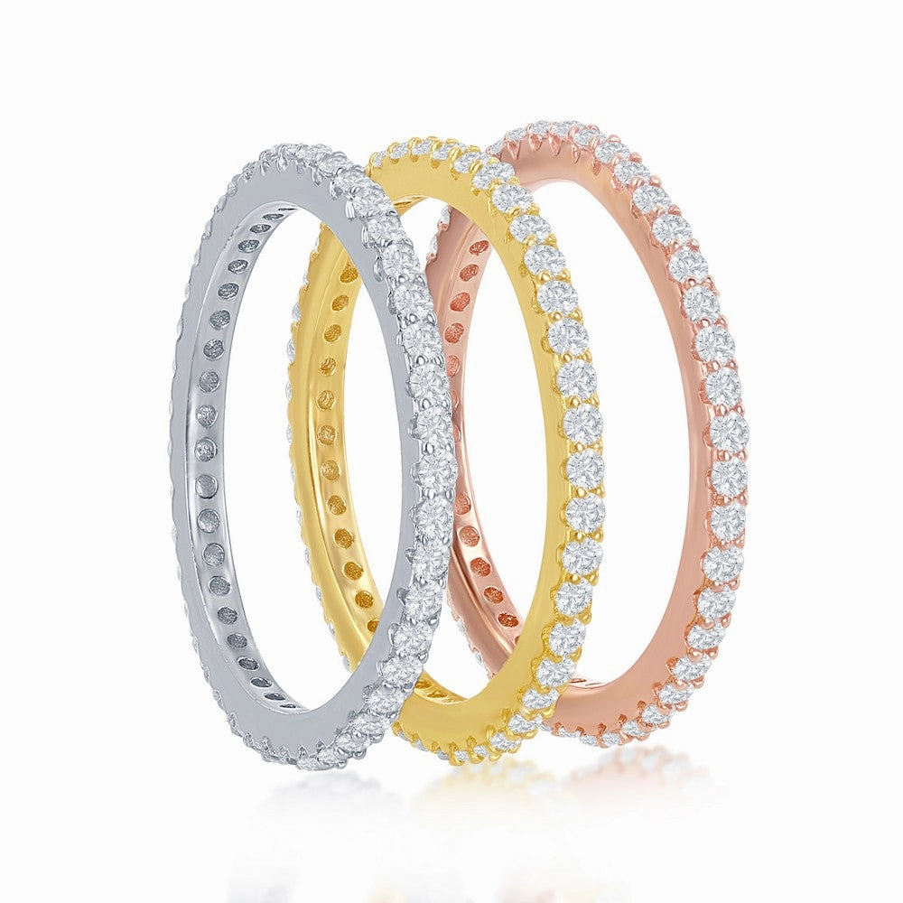 Sterling Silver Tri-Color Prong Clear CZ  Eternity Triple Band Ring - W-2428