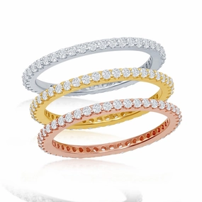 Sterling Silver Tri-Color Prong Clear CZ  Eternity Triple Band Ring - W-2428