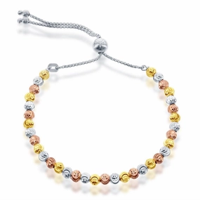 Sterling Silver Tri Color Round Diamond Cut Moon Bolo Bracelet