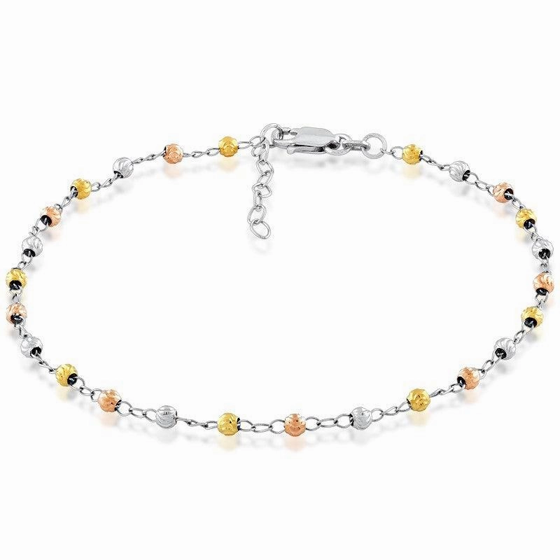Sterling Silver Tri Color Thin Diamond Cut Anklet