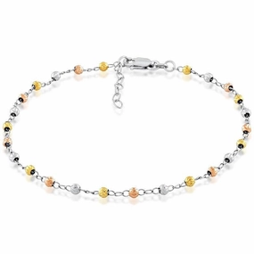 Sterling Silver Tri Color Thin Diamond Cut Anklet