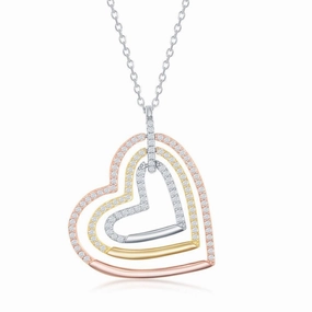 Sterling Silver Tri Color Triple Open CZ Heart Necklace