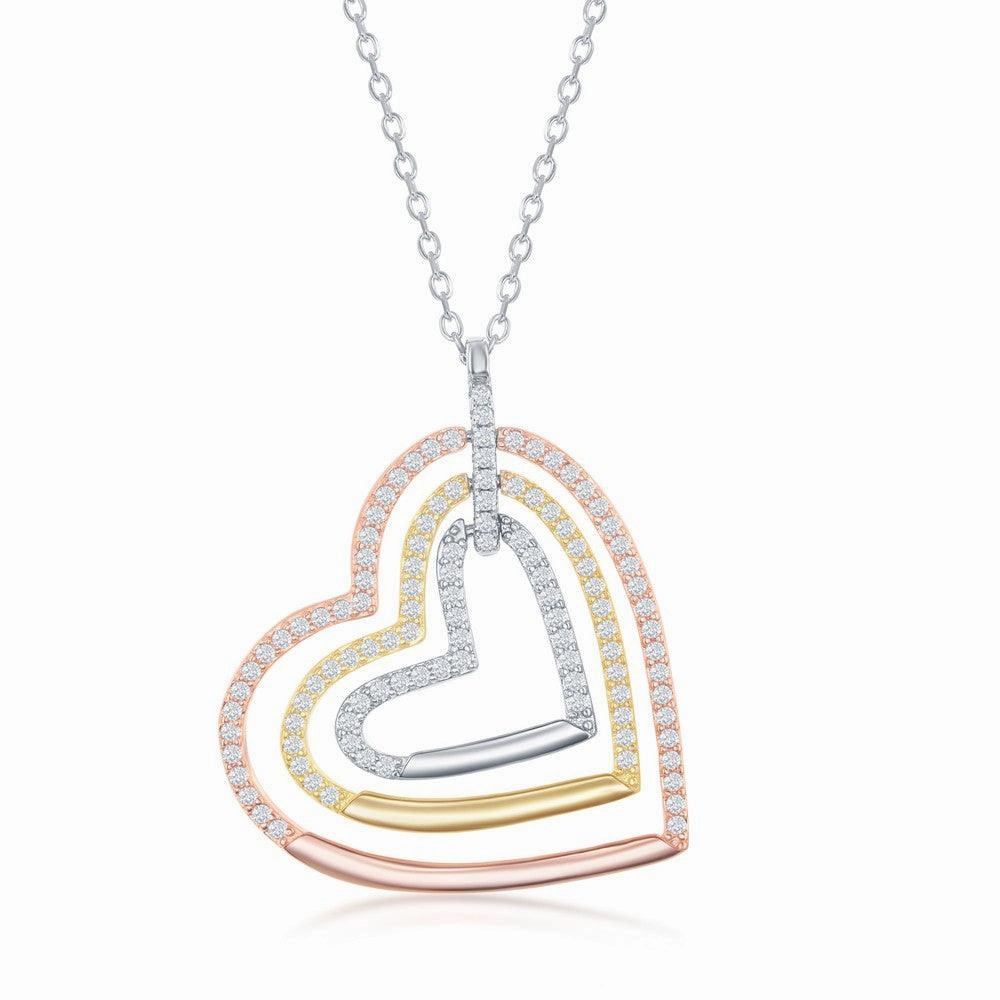 Sterling Silver Tri Color Triple Open CZ Heart Necklace