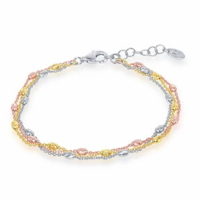 Sterling Silver Tri Color Triple Strand Oval Beaded Bracelet, 7"