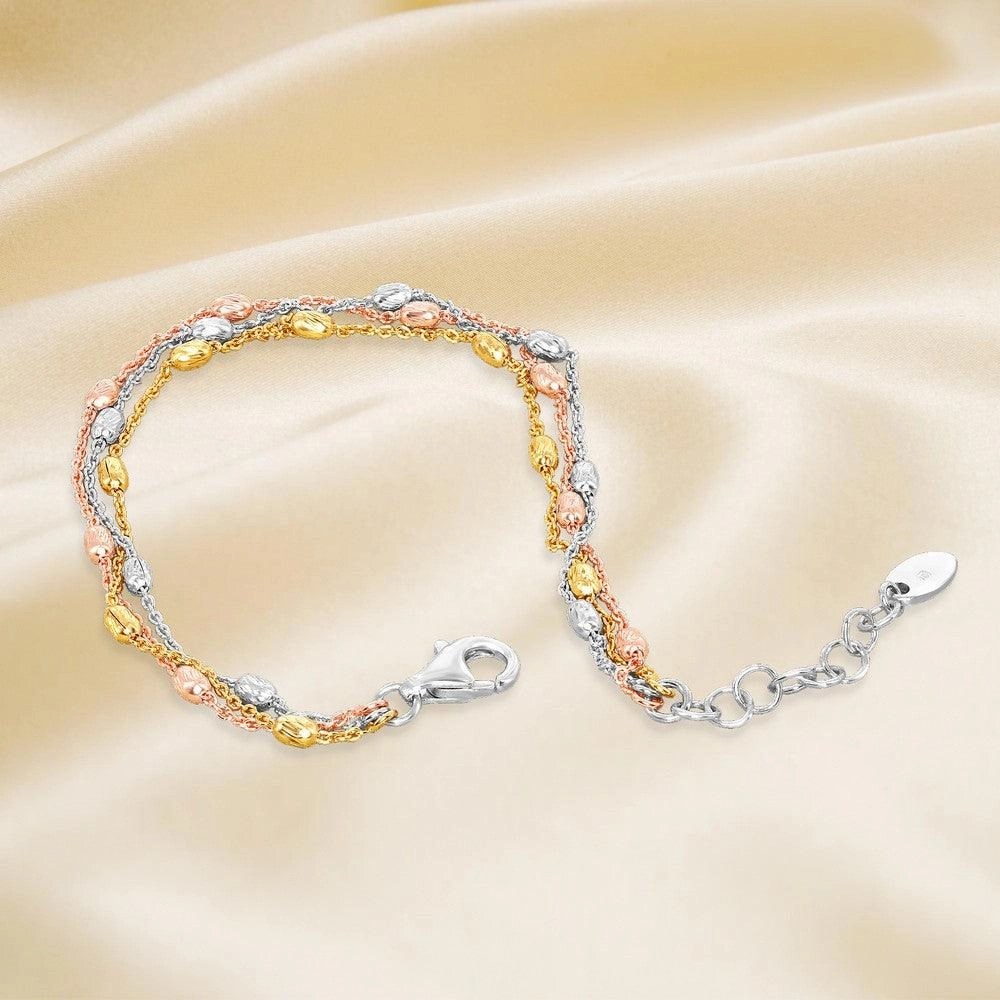 Sterling Silver Tri Color Triple Strand Oval Beaded Bracelet, 7"