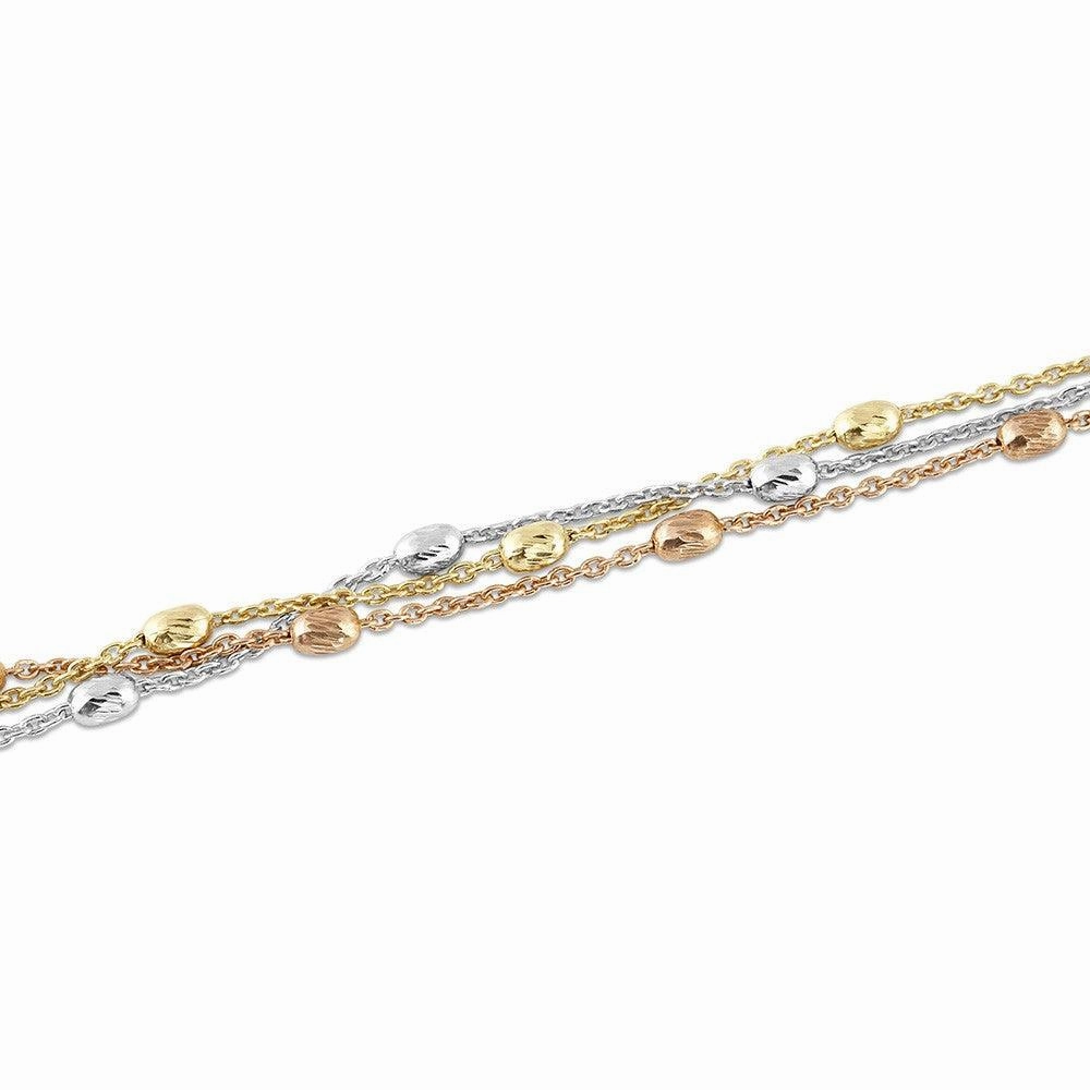 Sterling Silver Tri Color Triple Strand Oval Beaded Bracelet, 7"