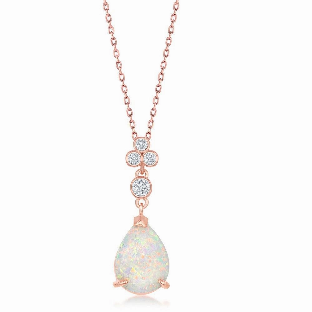 Sterling Silver Triple CZ Cluster Pear-Shaped White Inlay Opal Pendant - Rose Gold Plated