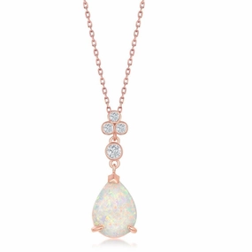 Sterling Silver Triple CZ Cluster Pear-Shaped White Inlay Opal Pendant - Rose Gold Plated