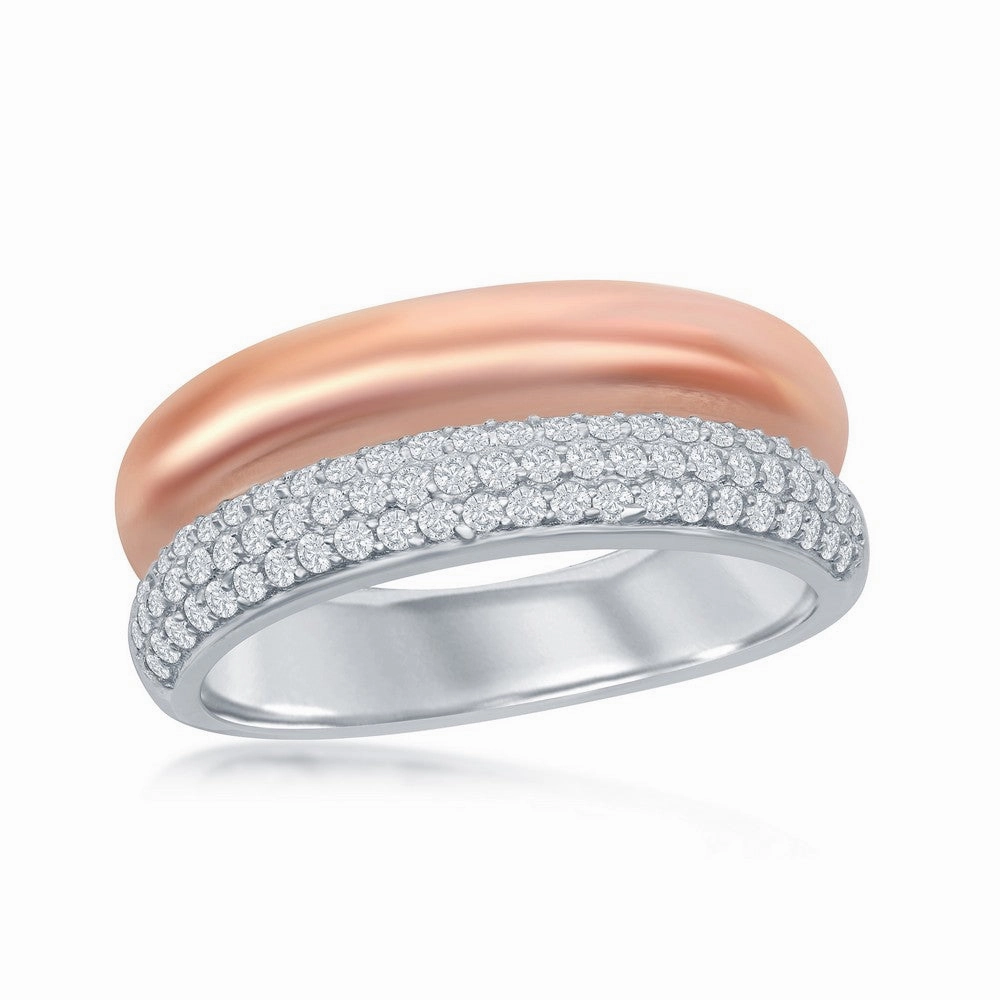 Sterling Silver TT Micro Pave Rose GP Double Band Ring - W-2053