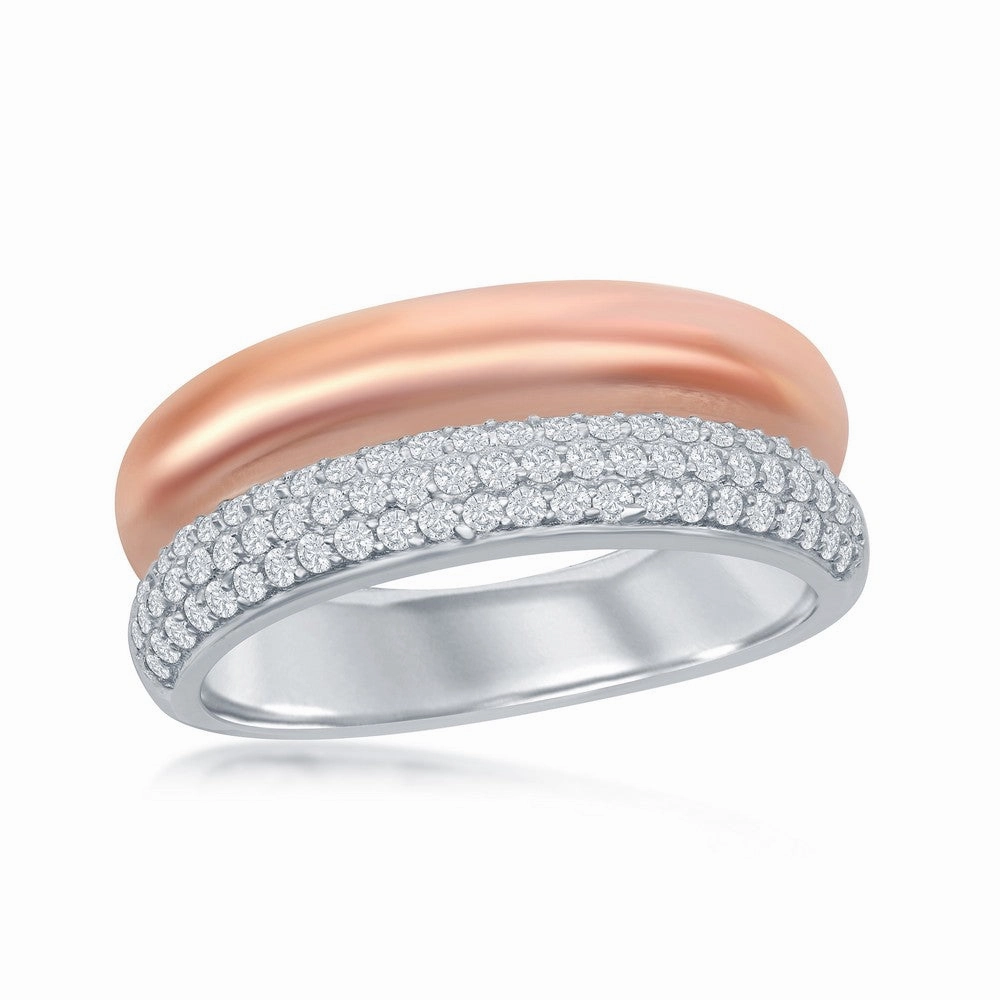 Sterling Silver TT Micro Pave Rose GP Double Band Ring - W-2053