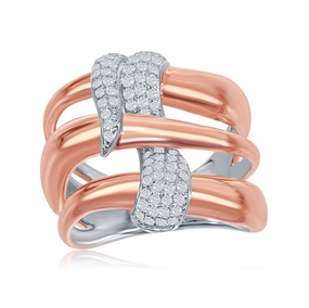 Sterling Silver TT Triple Wave Design CZ Ring - W-1869