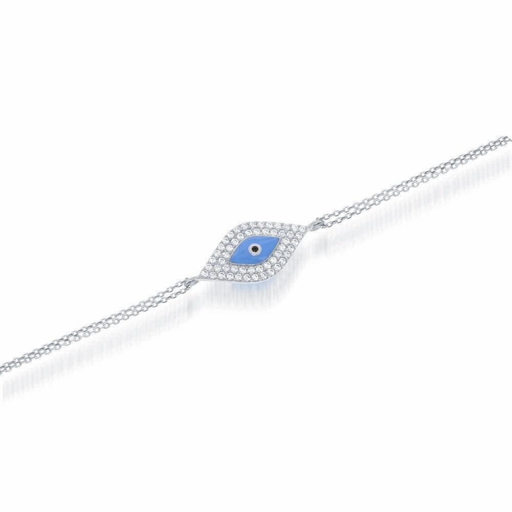 Sterling Silver Turquoise Enamel and CZ Evil Eye Bracelet, 7"