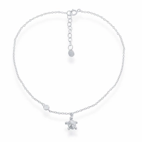 Sterling Silver Turtle Charm with Single CZ Anklet