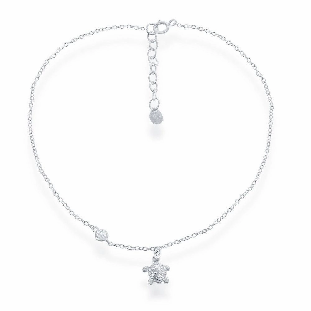 Sterling Silver Turtle Charm with Single CZ Anklet