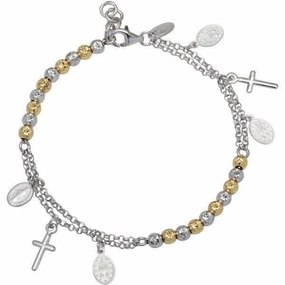 Sterling Silver Two Tone Beads with Cross and Medal Charm Bracelet