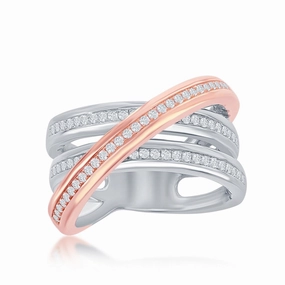 Sterling Silver Two-Tone CZ "X" Ring, Size 8