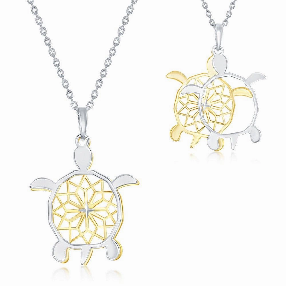 Sterling Silver Two-Tone Fancy Diamond-Cut Design Sea Turtle Necklace