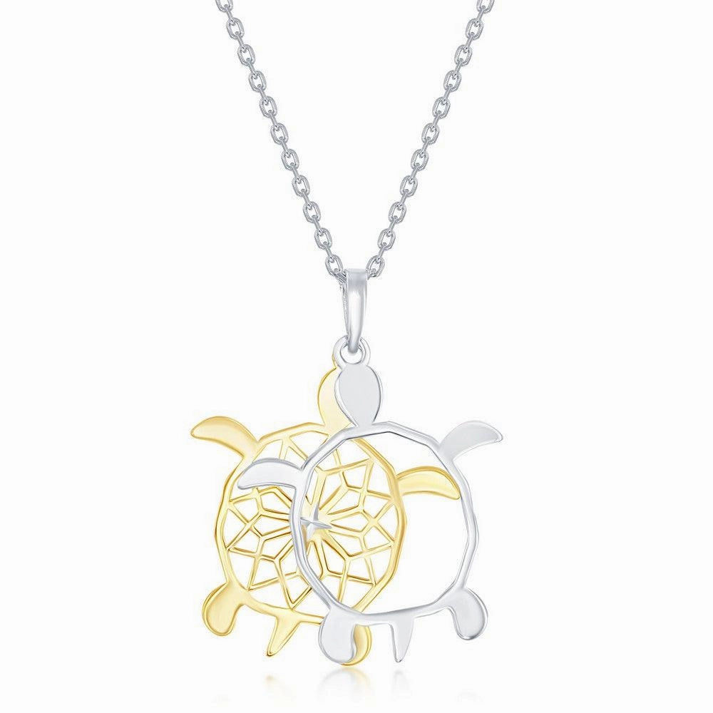 Sterling Silver Two-Tone Fancy Diamond-Cut Design Sea Turtle Necklace