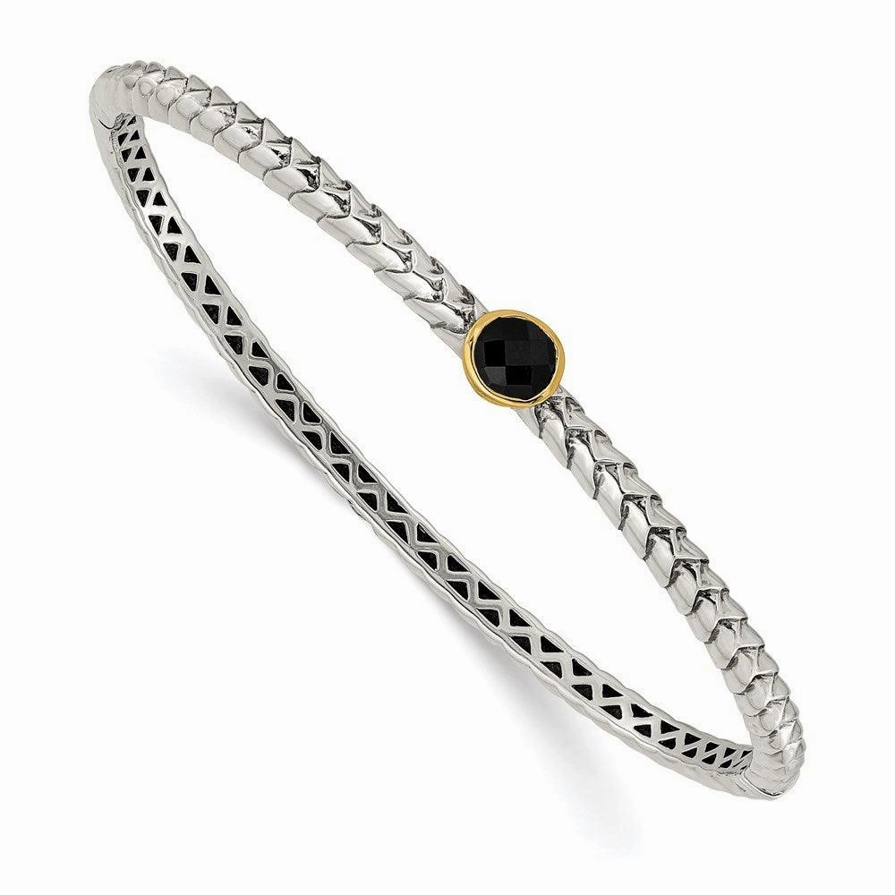 Sterling Silver w/14k Antiqued 6mm Onyx Bangle Bracelet