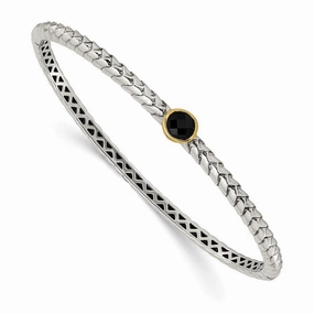 Sterling Silver w/14k Antiqued 6mm Onyx Bangle Bracelet