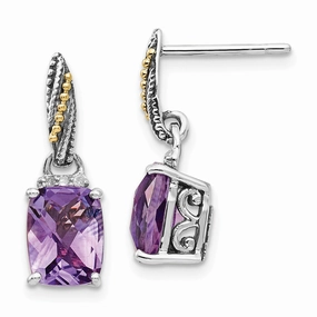Sterling Silver w/14k Diamond and Amethyst Dangle Post Earrings