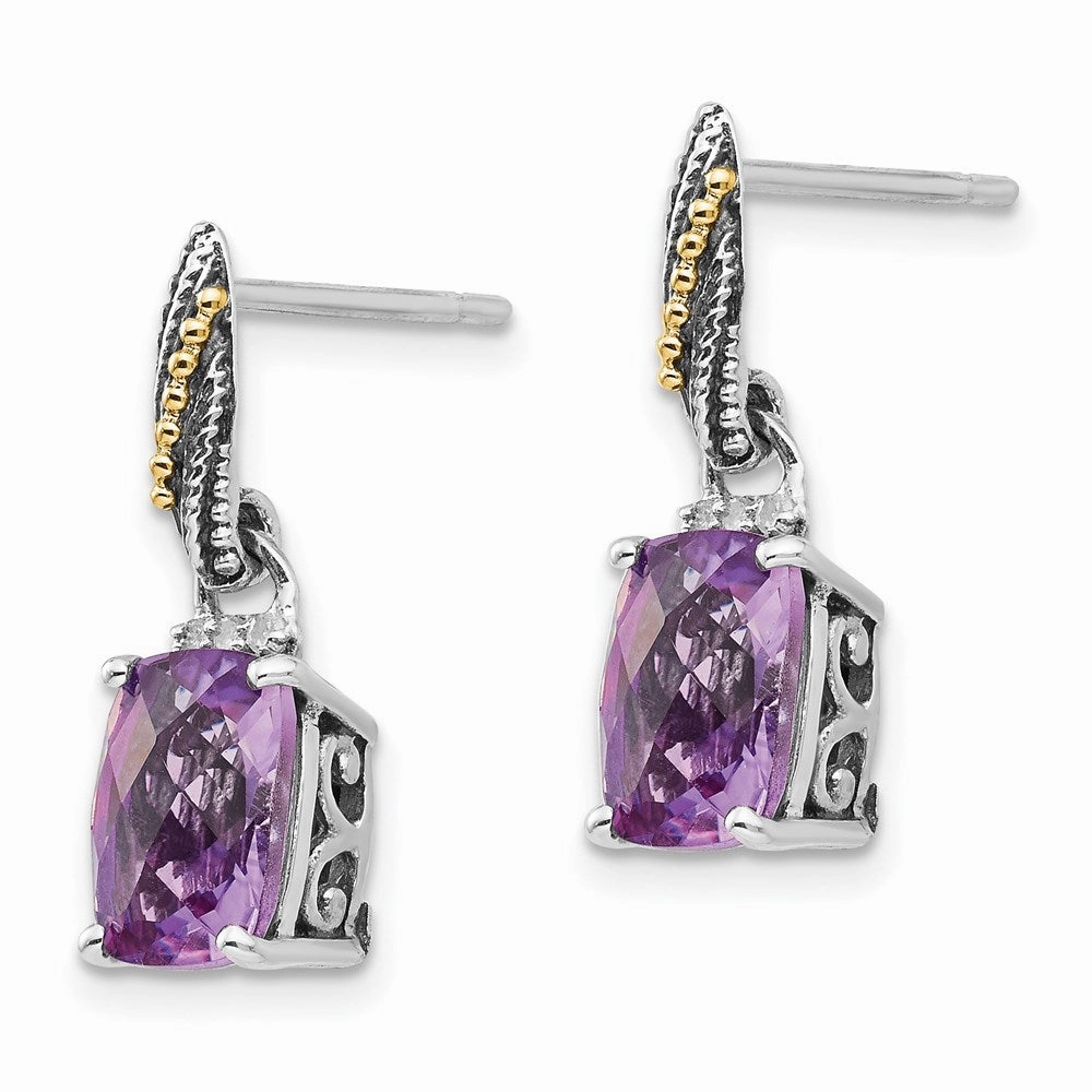 Sterling Silver w/14k Diamond and Amethyst Dangle Post Earrings
