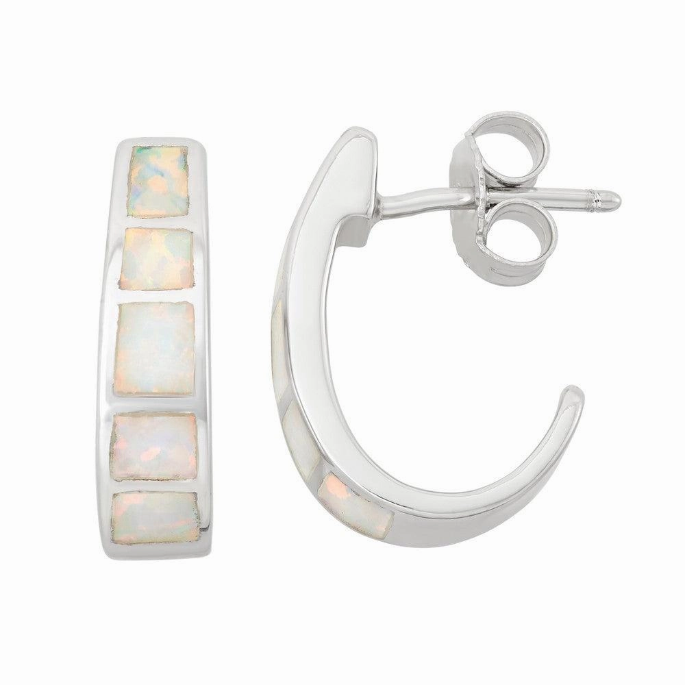 Sterling Silver White Inlay Opal Huggie Hoop Earrings
