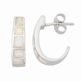 Sterling Silver White Inlay Opal Huggie Hoop Earrings