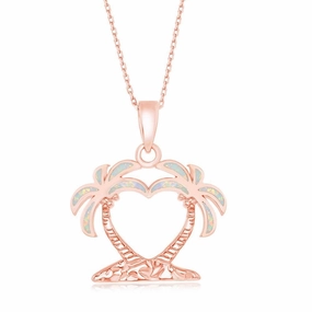 Sterling Silver White Inlay Opal Two Palm Trees Pendant - Rose Gold Plated