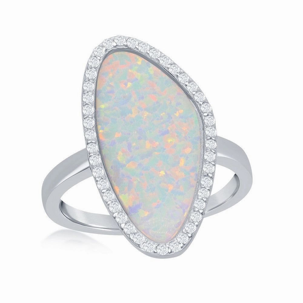 Sterling Silver White Opal Irregular Shape with CZ Ring - W-1972