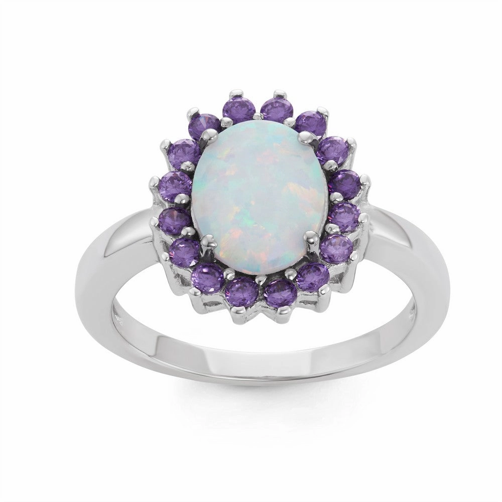 Sterling Silver White Opal Oval with Amethyst CZ Ring - W-1509