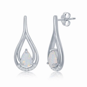 Sterling Silver White Opal Pear Shaped CZ Earrings