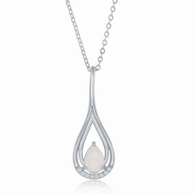 Sterling Silver White Opal Pear Shaped CZ Pendant
