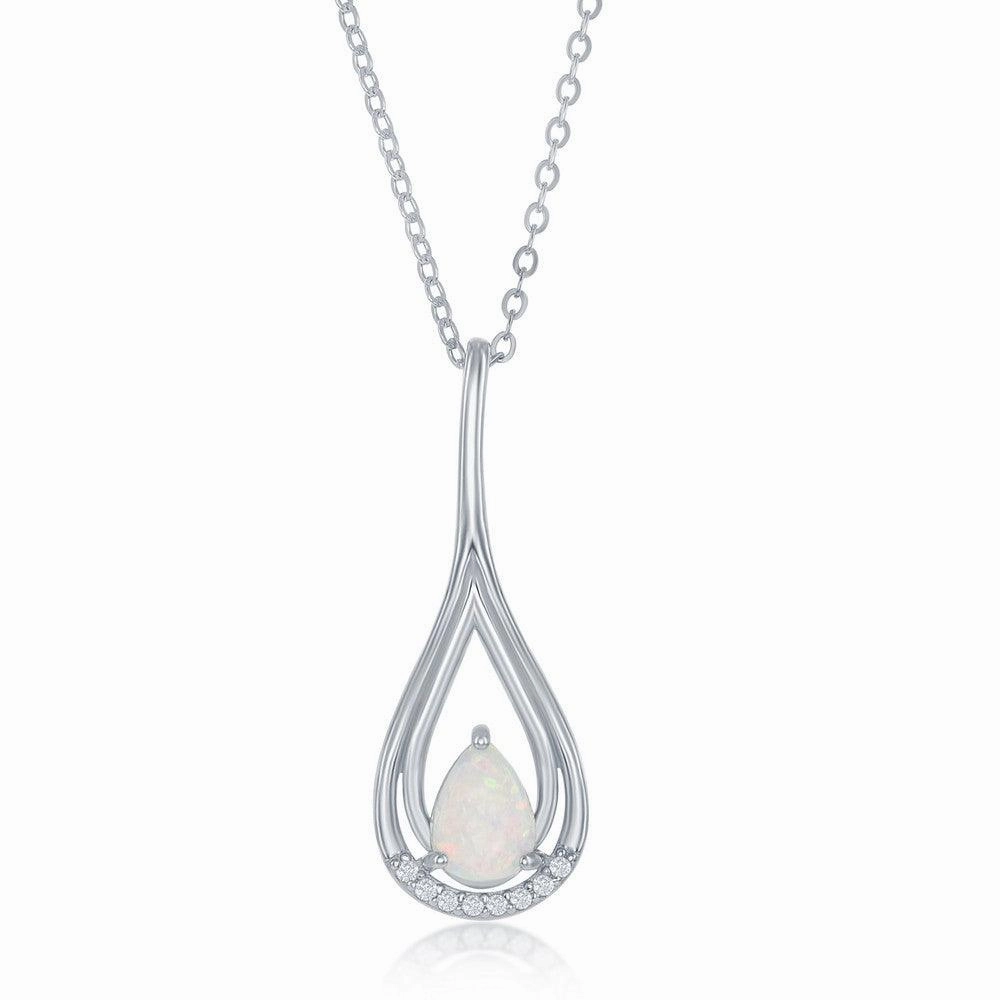 Sterling Silver White Opal Pear Shaped CZ Pendant