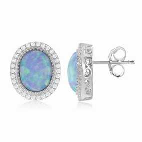 Sterling Silver White Oval Opal CZ Border Earrings